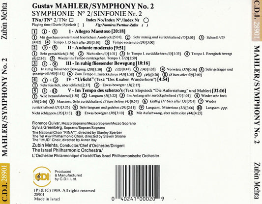 Gustav Mahler - Florence Quivar, Sylvia Greenberg, Israel Philharmonic Orchestra, Zubin Mehta : Symphony No. 2 "Resurrection" (CD, Album)
