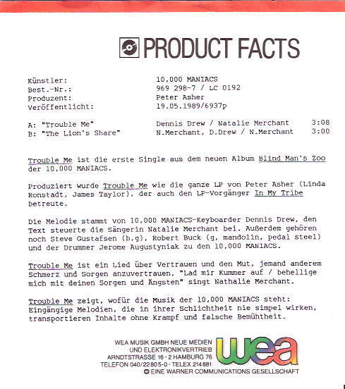 10,000 Maniacs : Trouble Me (7", Single)
