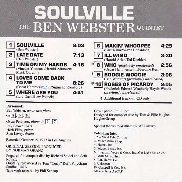 The Ben Webster Quintet : Soulville (CD, Album, Mono, RE, RM)