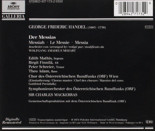 Georg Friedrich Händel, Wolfgang Amadeus Mozart - Edith Mathis, Birgit Finnilä, Peter Schreier, Theo Adam, Sir Charles Mackerras : Der Messias = Messiah (2xCD, Album, RE, RM)