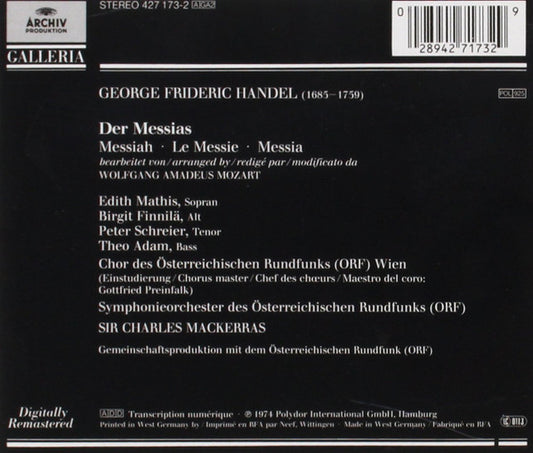 Georg Friedrich Händel, Wolfgang Amadeus Mozart - Edith Mathis, Birgit Finnilä, Peter Schreier, Theo Adam, Sir Charles Mackerras : Der Messias = Messiah (2xCD, Album, RE, RM)