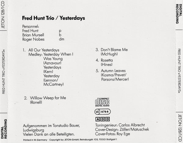 Fred Hunt Trio : Yesterdays (CD, Album)
