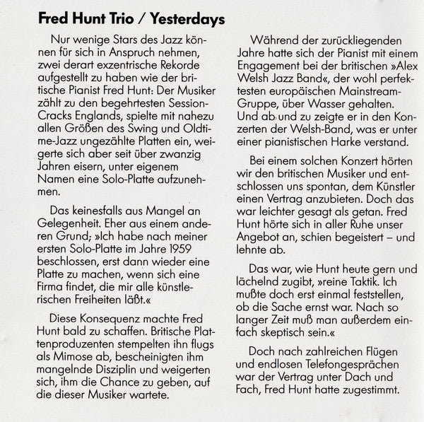 Fred Hunt Trio : Yesterdays (CD, Album)