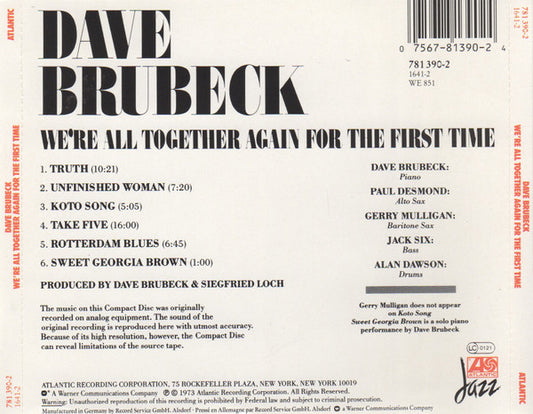 Dave Brubeck, Gerry Mulligan, Paul Desmond, Alan Dawson, Jack Six : We're All Together Again For The First Time (CD, Album, RE)
