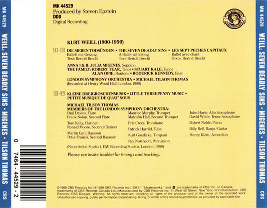 Kurt Weill - Julia Migenes, London Symphony Orchestra, Michael Tilson Thomas : The Seven Deadly Sins / Little Threepenny Music (CD, Album)