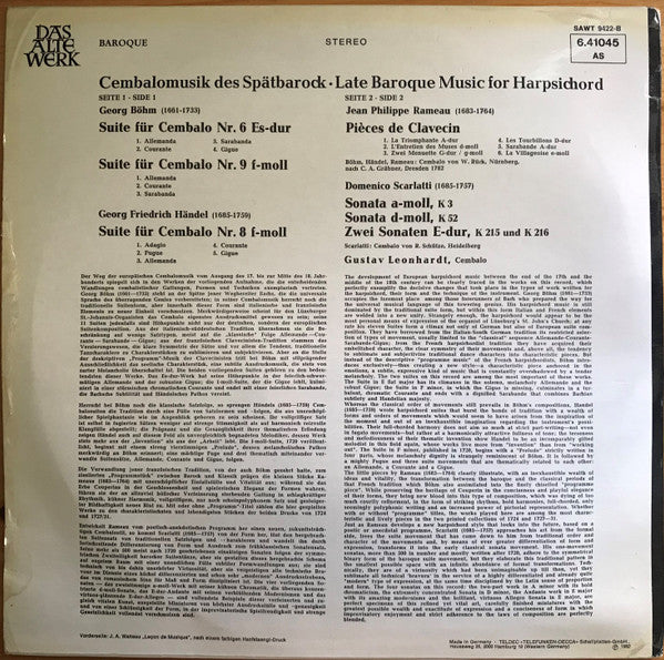 Gustav Leonhardt - Georg Friedrich Händel, Jean-Philippe Rameau, Domenico Scarlatti, Georg Böhm : Cembalomusik • Music For Harpsichord (LP, RE)