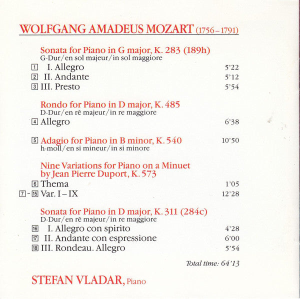 Wolfgang Amadeus Mozart, Stefan Vladar : Mozart Piano Sonatas (CD, Album)