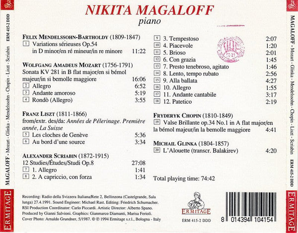 Nikita Magaloff, Wolfgang Amadeus Mozart, Mikhail Ivanovich Glinka, Felix Mendelssohn-Bartholdy, Frédéric Chopin, Franz Liszt, Alexander Scriabin : Piano Recital (CD, Comp, RE)