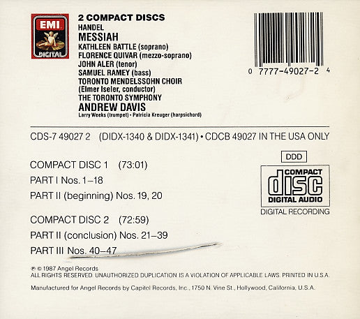 Handel*, Kathleen Battle, Florence Quivar, John Aler, Samuel Ramey, Toronto Mendelssohn Choir, Elmer Iseler, Toronto Symphony Orchestra, Andrew Davis : Messiah (2xCD + Box)