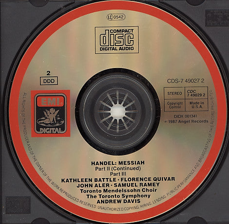 Handel*, Kathleen Battle, Florence Quivar, John Aler, Samuel Ramey, Toronto Mendelssohn Choir, Elmer Iseler, Toronto Symphony Orchestra, Andrew Davis : Messiah (2xCD + Box)