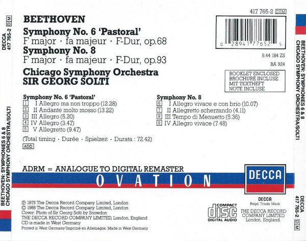 Ludwig van Beethoven, Chicago Symphony Orchestra, Georg Solti : Symphony No.6 'Pastoral' / Symphony No.8 (CD, Comp, RM)