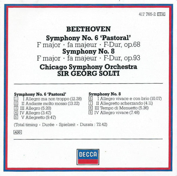 Ludwig van Beethoven, Chicago Symphony Orchestra, Georg Solti : Symphony No.6 'Pastoral' / Symphony No.8 (CD, Comp, RM)