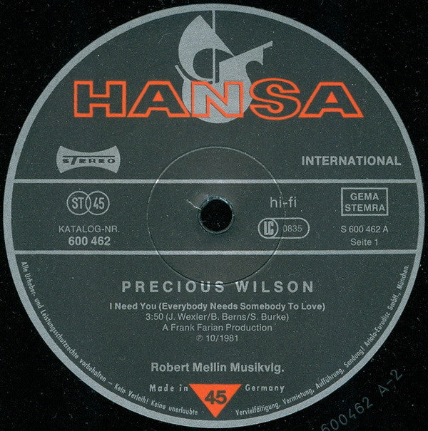 Precious Wilson : I Need You (12")
