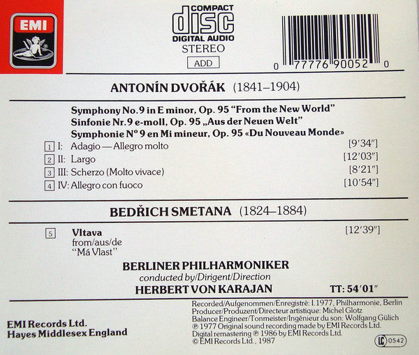 Antonín Dvořák • Bedřich Smetana, Berliner Philharmoniker, Herbert von Karajan : Symphonie No. 9 'From The New World' / Die Moldau (CD, Album, RE, RM)