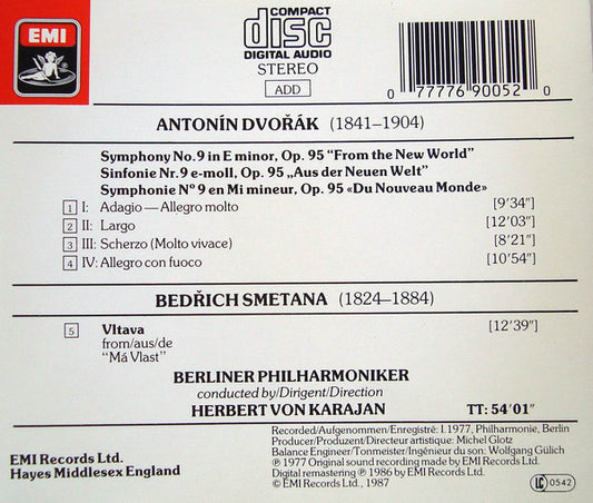 Antonín Dvořák • Bedřich Smetana, Berliner Philharmoniker, Herbert von Karajan : Symphonie No. 9 'From The New World' / Die Moldau (CD, Album, RE, RM)