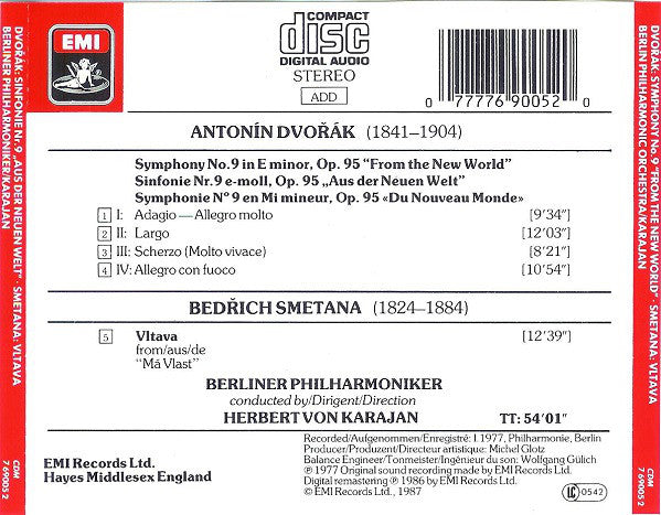 Antonín Dvořák • Bedřich Smetana, Berliner Philharmoniker, Herbert von Karajan : Symphonie No. 9 'From The New World' / Die Moldau (CD, Album, RE, RM)