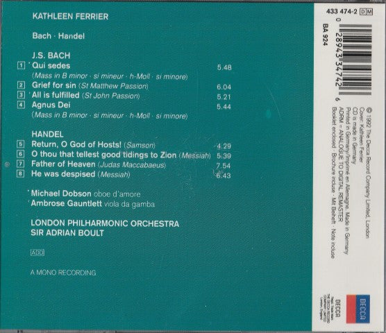 Kathleen Ferrier, Johann Sebastian Bach, Georg Friedrich Händel, London Philharmonic Orchestra, Sir Adrian Boult : Bach-Handel (CD, Album)
