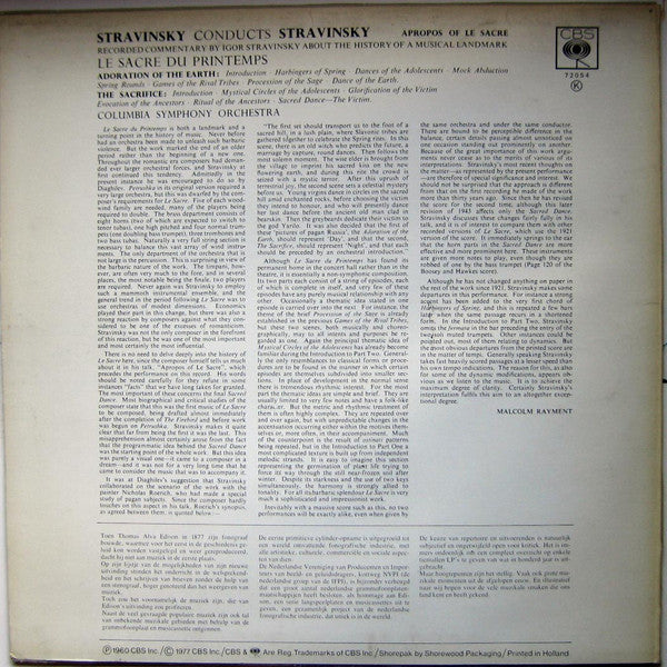 Igor Stravinsky Conducts Columbia Symphony Orchestra : Le Sacre Du Printemps ("The Rite Of Spring") (LP, RE)