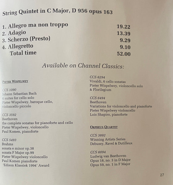 Franz Schubert - Pieter Wispelwey, Orpheus Quartet* : String Quintet In C Major Opus 163 (CD, Album)
