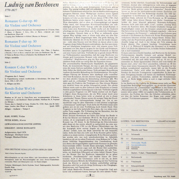 Ludwig van Beethoven, Karl Suske, Peter Rösel, Gewandhausorchester Leipzig, Heinz Bongartz : Romanze G-dur Op. 40 / Romanze F-dur Op. 50 / Konzert C-dur WoO 5 (Fragment) (Für Violine Und Orchester) / Rondo B-dur WoO 6 (Für Klavier Und Orchester) (LP, RP, Blu)