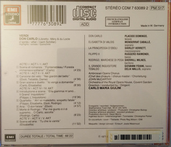 Verdi* - Domingo*, Caballé*, Verrett*, Raimondi*, Milnes*, Ambrosian Opera Chorus*, Orchestra Of The Royal Opera House, Covent Garden, Giulini* : Don Carlos (Highlights) (CD, Comp, RE, RM)