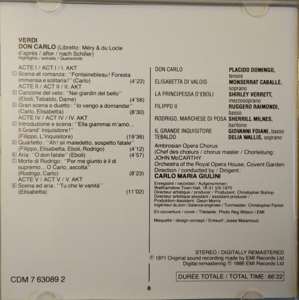 Verdi* - Domingo*, Caballé*, Verrett*, Raimondi*, Milnes*, Ambrosian Opera Chorus*, Orchestra Of The Royal Opera House, Covent Garden, Giulini* : Don Carlos (Highlights) (CD, Comp, RE, RM)