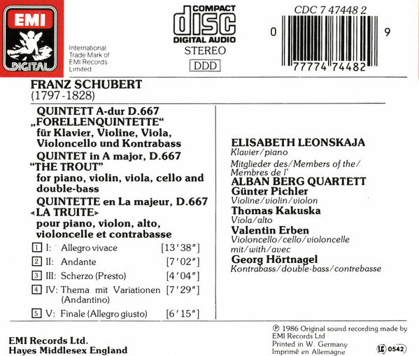 Franz Schubert – Elisabeth Leonskaja, Mitglieder Des Alban Berg Quartett, Georg Hörtnagel : Forellenquintett, A-dur · Piano Quintet In A, 'Trout' (CD, Album)