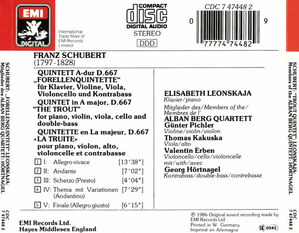 Franz Schubert – Elisabeth Leonskaja, Mitglieder Des Alban Berg Quartett, Georg Hörtnagel : Forellenquintett, A-dur · Piano Quintet In A, 'Trout' (CD, Album)