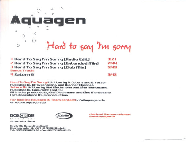 Aquagen : Hard To Say I'm Sorry (CD, Maxi, Copy Prot.)