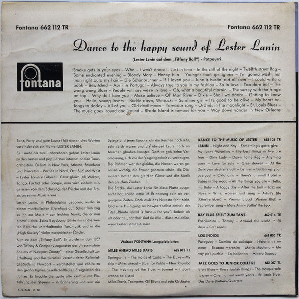 Lester Lanin And His Orchestra : Dance To The Happy Sound Of Lester Lanin (10", Mono)