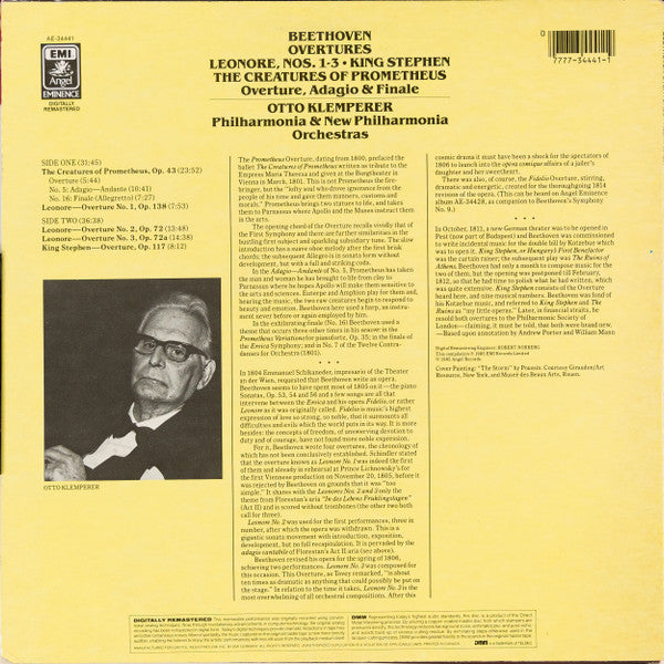 Ludwig van Beethoven - Otto Klemperer, Philharmonia Orchestra : Overtures - Leonore, Nos. 1-3 / King Stephen / The Creatures of Prometheus - Overture, Adagio & Finale (LP, Comp, RM)