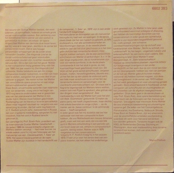 Gustav Mahler, Concertgebouw-Pianokwartet : Pianokwartet (1876) (7")