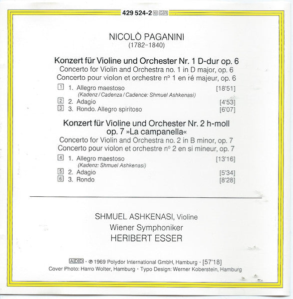 Niccolò Paganini - Shmuel Ashkenasi, Wiener Symphoniker, Heribert Esser : Violin Concertos Nos. 1 & 2 "La Campanella" (CD, Album)