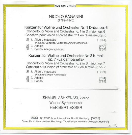 Niccolò Paganini - Shmuel Ashkenasi, Wiener Symphoniker, Heribert Esser : Violin Concertos Nos. 1 & 2 "La Campanella" (CD, Album)
