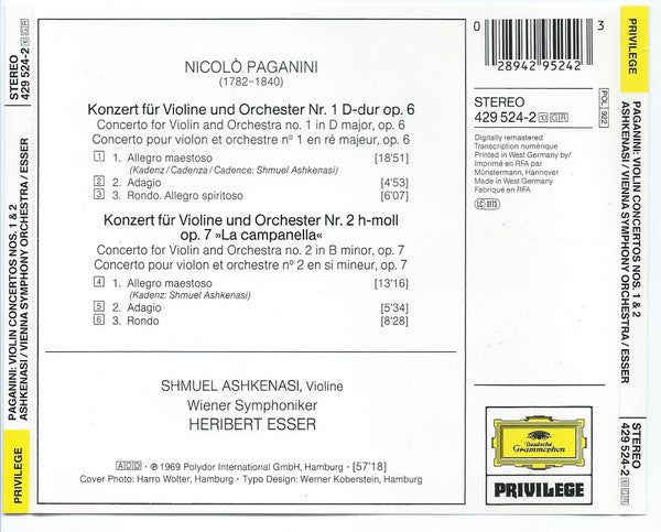 Niccolò Paganini - Shmuel Ashkenasi, Wiener Symphoniker, Heribert Esser : Violin Concertos Nos. 1 & 2 "La Campanella" (CD, Album)