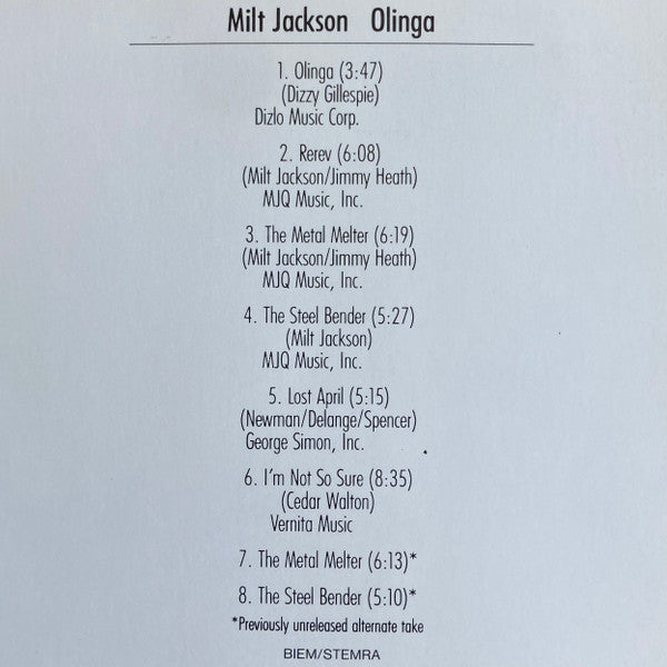 Milt Jackson : Olinga (CD, Album, RE, RM)