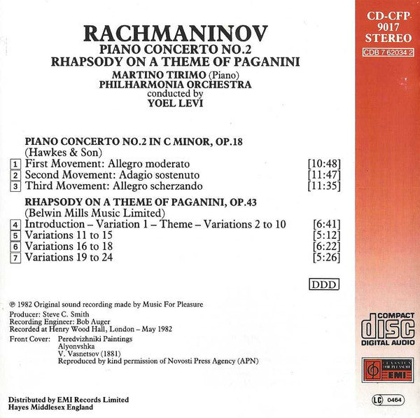 Sergei Vasilyevich Rachmaninoff, Martino Tirimo, Philharmonia Orchestra, Yoel Levi : Piano Concerto No. 2 / Rhapsody On A Theme Of Paganini (CD, RE)