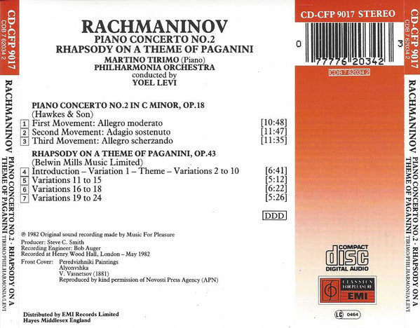 Sergei Vasilyevich Rachmaninoff, Martino Tirimo, Philharmonia Orchestra, Yoel Levi : Piano Concerto No. 2 / Rhapsody On A Theme Of Paganini (CD, RE)