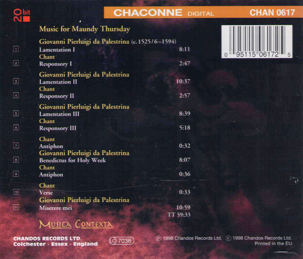 Giovanni Pierluigi da Palestrina - Musica Contexta : Music For Maundy Thursday (CD, Album)