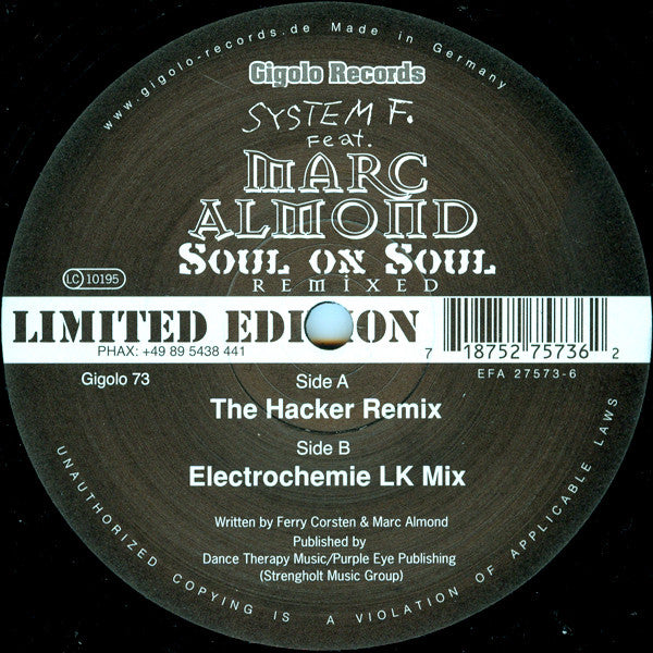System F Feat. Marc Almond : Soul On Soul (Remixed) (12", Ltd)