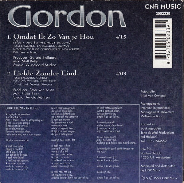 Gordon (3) : Omdat Ik Zo Van Je Hou (CD, Single)