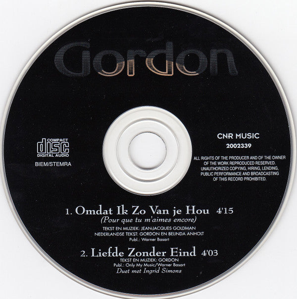 Gordon (3) : Omdat Ik Zo Van Je Hou (CD, Single)