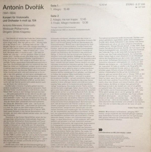 Antonín Dvořák, Antonio Meneses, Moscow Philharmonic Orchestra, Dimitrij Kitaenko : Cellokonzert (LP)
