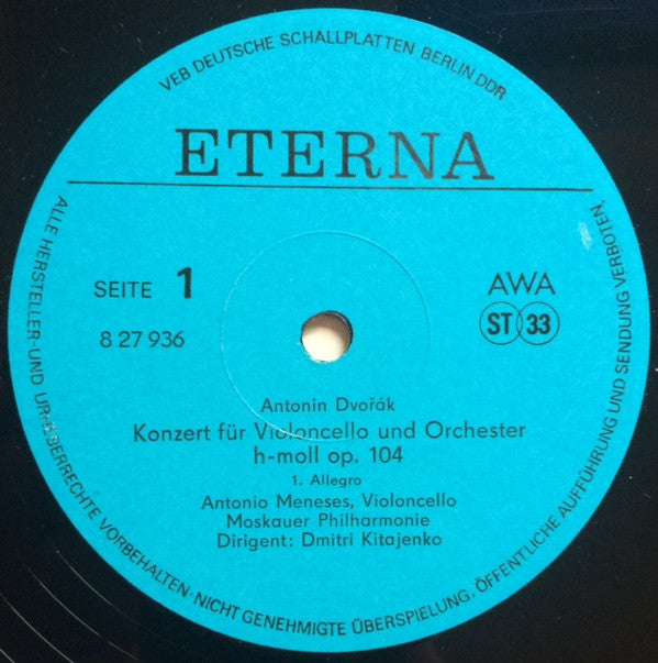 Antonín Dvořák, Antonio Meneses, Moscow Philharmonic Orchestra, Dimitrij Kitaenko : Cellokonzert (LP)