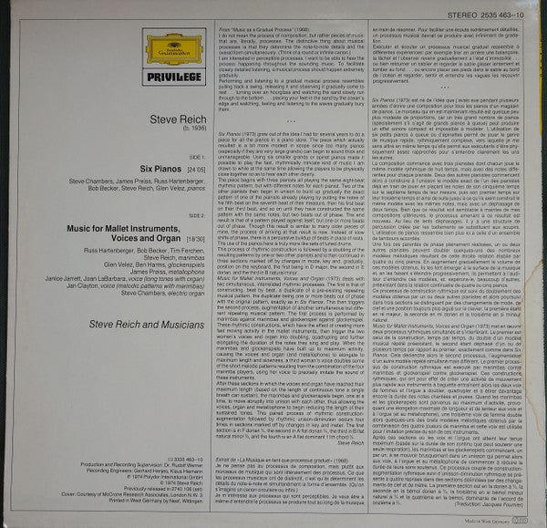 Steve Reich - Steve Reich And Musicians : Six Pianos / Music For Mallet Instruments, Voices And Organ (LP, Album, RE)