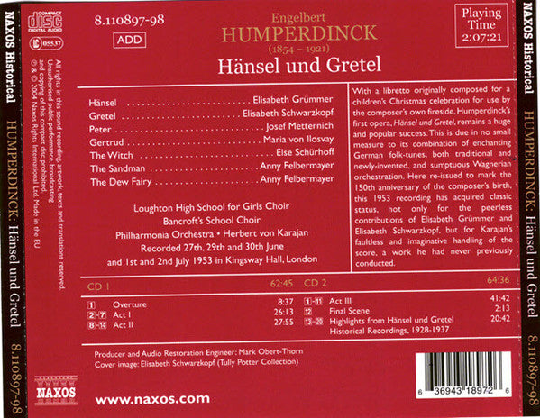 Engelbert Humperdinck (2), Herbert Von Karajan, Philharmonia Orchestra, Elisabeth Schwarzkopf, Elisabeth Grümmer, Josef Metternich, Maria Von Ilosvay, Else Schürhoff, Anny Felbermayer : Hänsel Und Gretel (2xCD, RM)