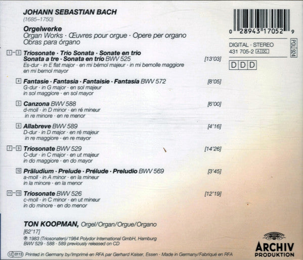 Johann Sebastian Bach, Ton Koopman : Orgelwerke = Organ Works = Œuvres Pour Orgue: Triosonaten BWV 525•526•529 • Fantasie BWV 572 • Canzona BWV 588 • Allabreve BWV 589 • Präludium BWV 569 (CD, Album, RE)