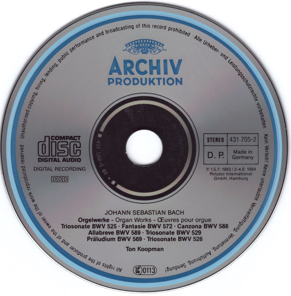 Johann Sebastian Bach, Ton Koopman : Orgelwerke = Organ Works = Œuvres Pour Orgue: Triosonaten BWV 525•526•529 • Fantasie BWV 572 • Canzona BWV 588 • Allabreve BWV 589 • Präludium BWV 569 (CD, Album, RE)