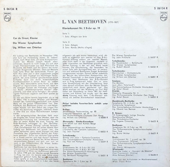 Ludwig van Beethoven - Cor de Groot, Wiener Symphoniker, Willem Van Otterloo : Klavierkonzert Nr. 2 B-Dur, Op. 19 (10")