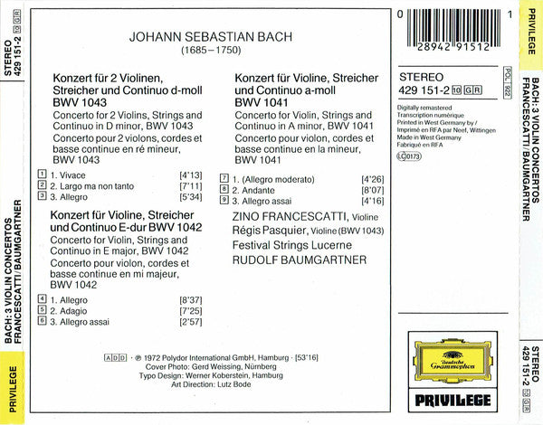 Johann Sebastian Bach - Zino Francescatti, Festival Strings Lucerne, Rudolf Baumgartner : 2 Violin Concertos / Concerto For Two Violins (CD, Album, RE, RM)
